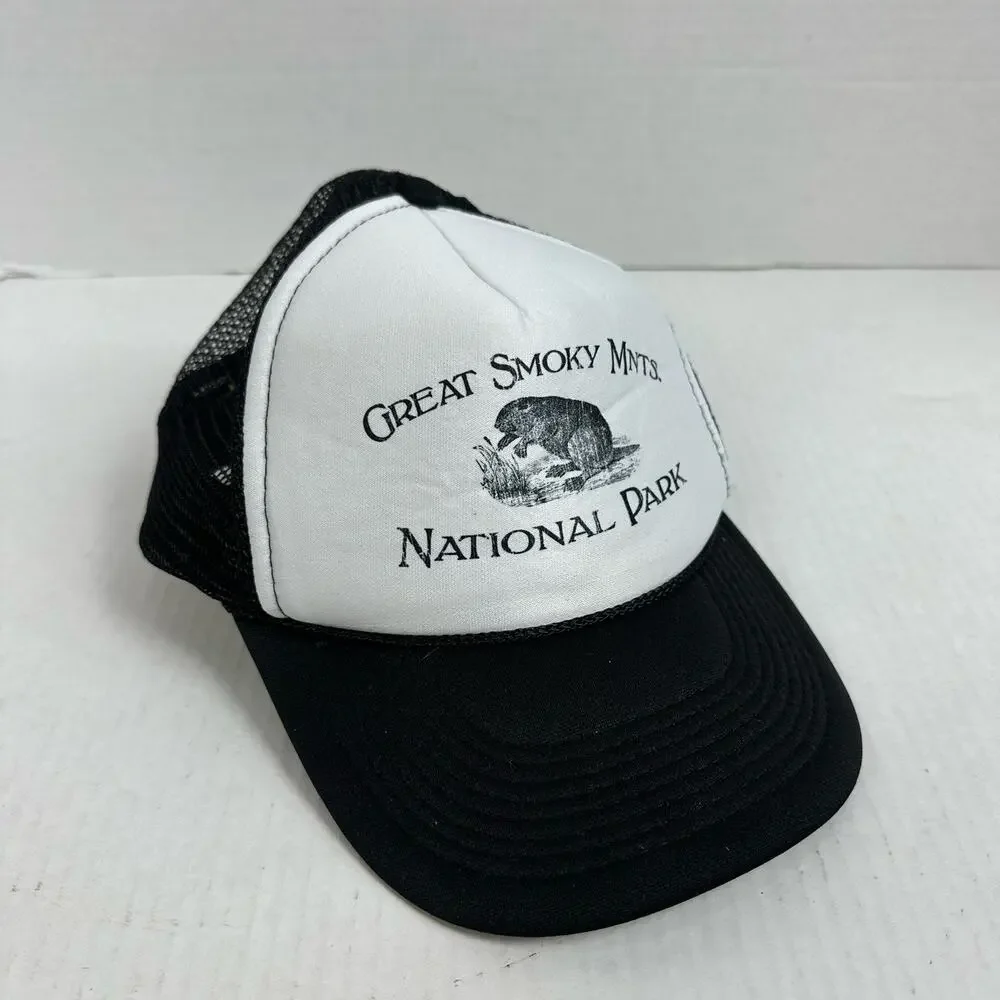 Great Smoky Mountains Black White Mesh Trucker Hat Otto Cap Snapback Baseball